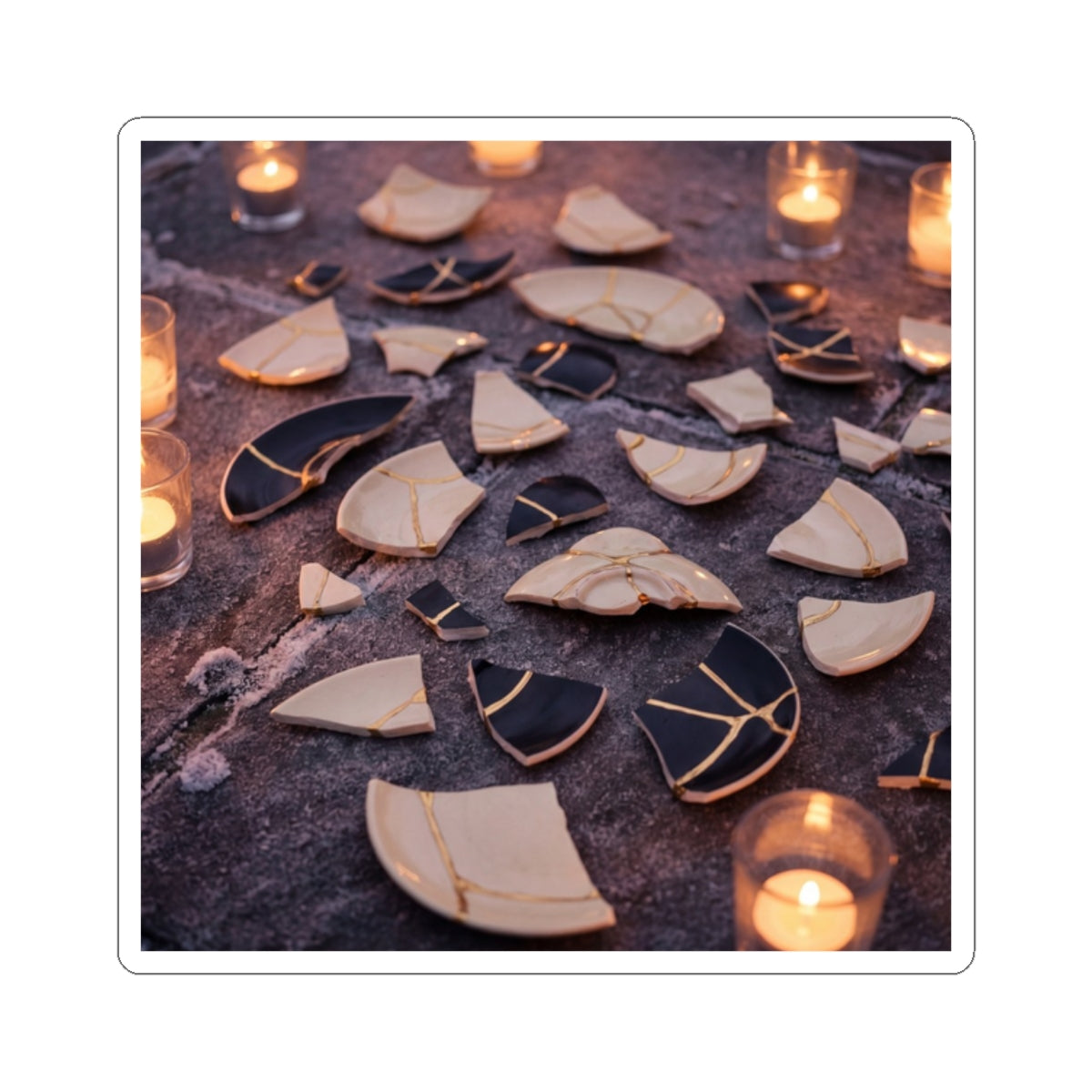 Kintsugi Broken Pottery in Candlelight | Broken Beauty Sticker Art Print