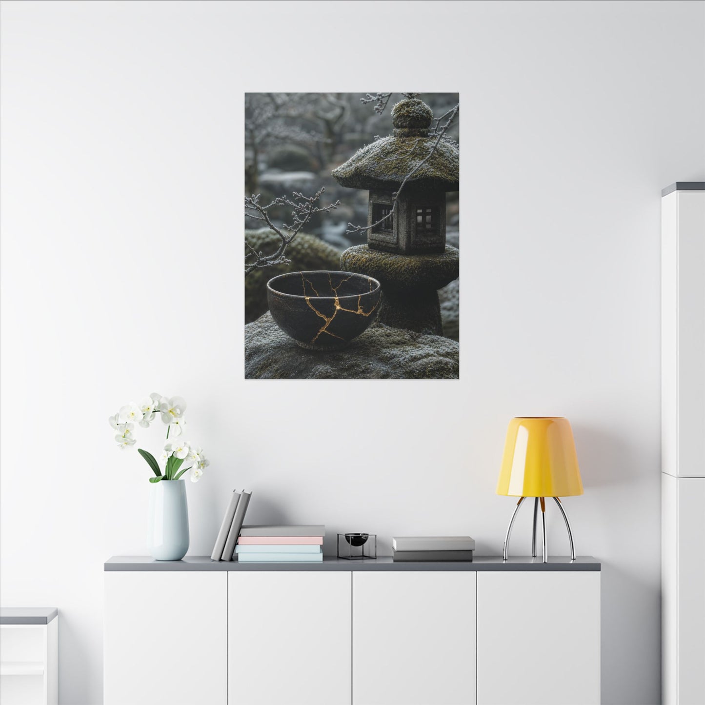 Stone Lantern Canvas Art | Winter Kintsugi Gold Repair Art