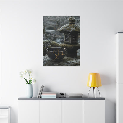 Stone Lantern Canvas Art | Winter Kintsugi Gold Repair Art