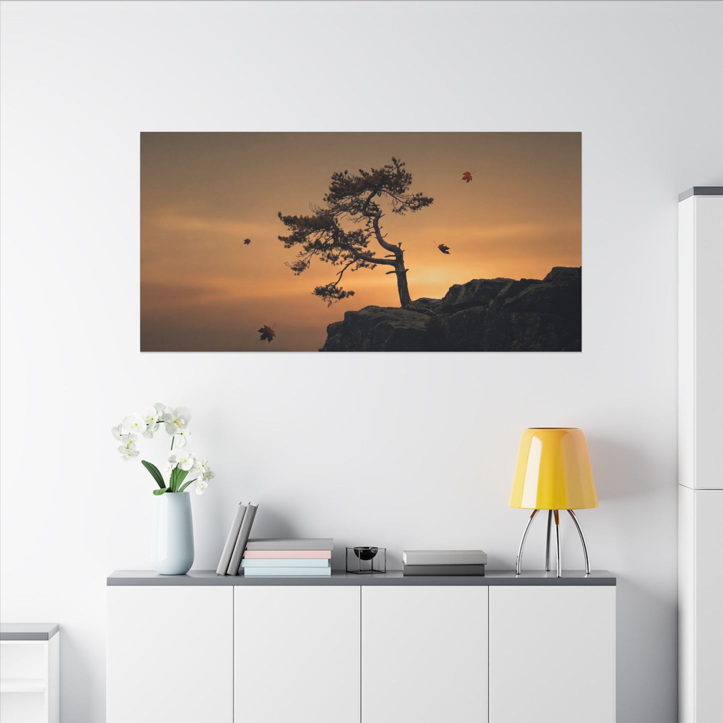 Dark Japandi Pine Tree in Golden Hour | Moody Minimal Canvas Art