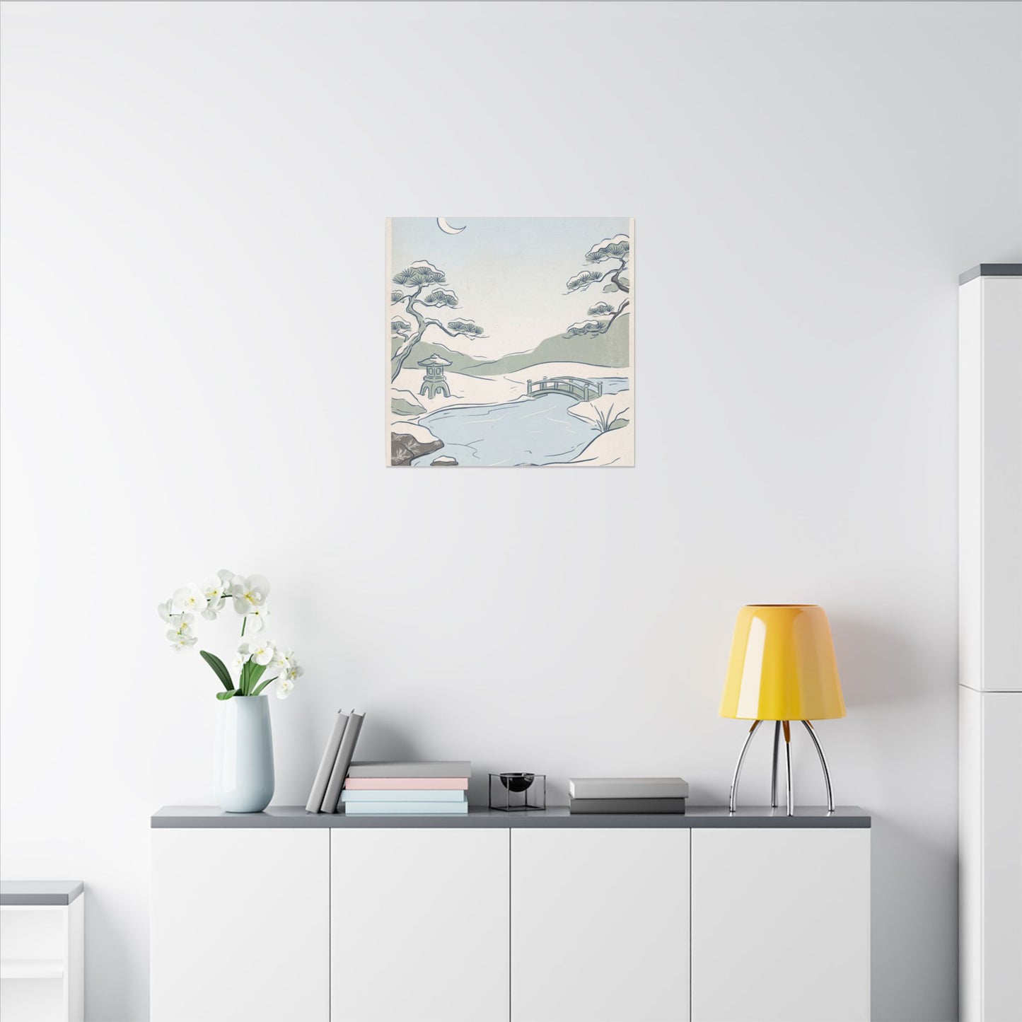 Japandi Moonlit Garden in Moonlight | Minimal Line Canvas Art