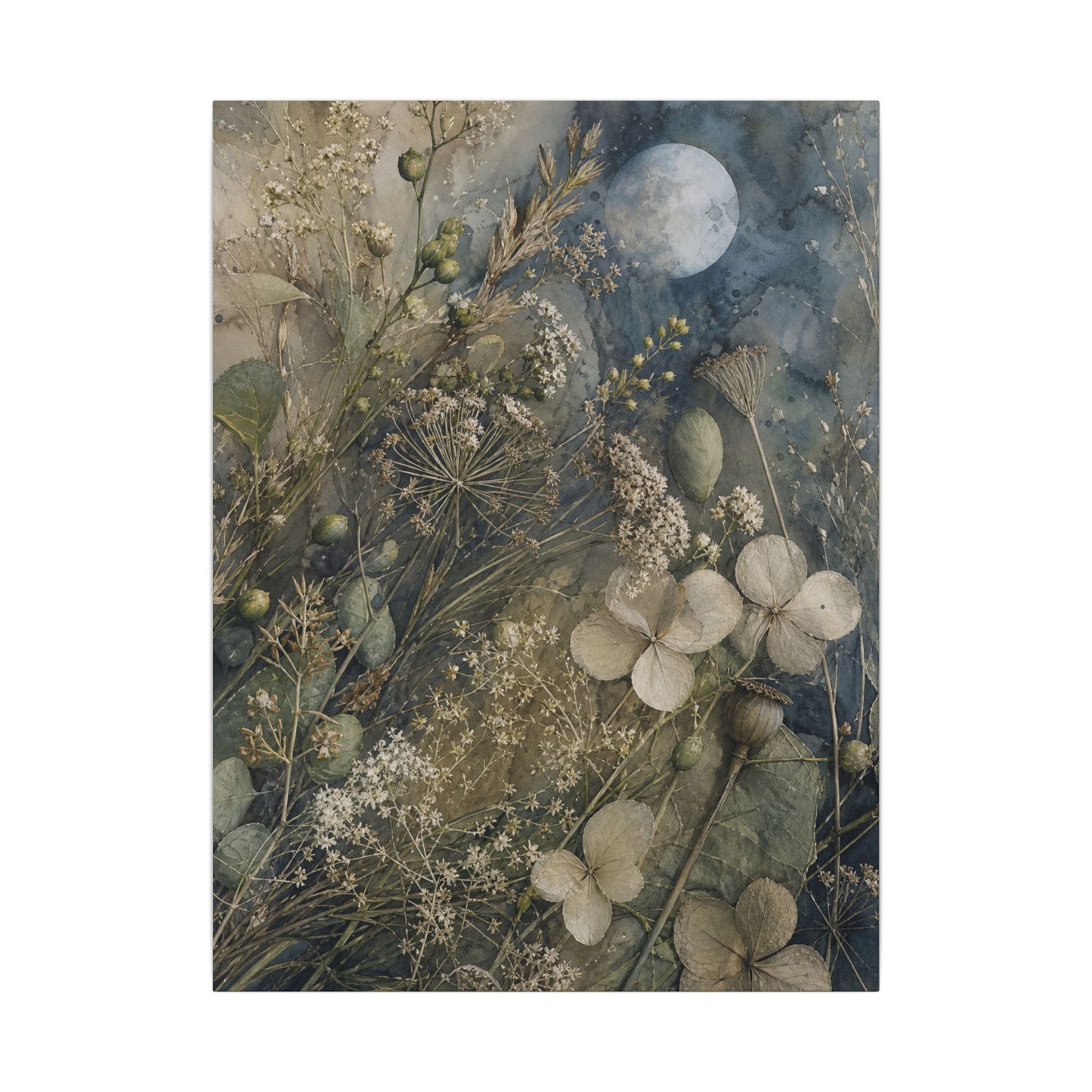 Japandi Dried Flowers in Moonlight | Watercolor Canvas Art