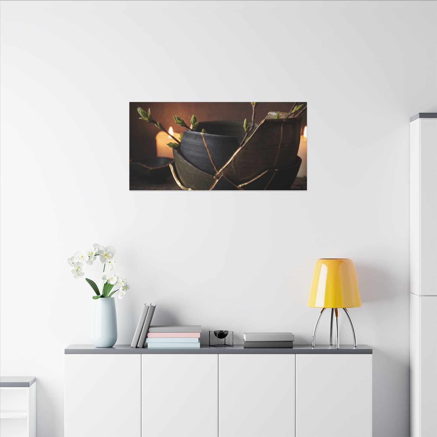Broken Pottery Spring Canvas Art | Dark Japandi Luxurious Design