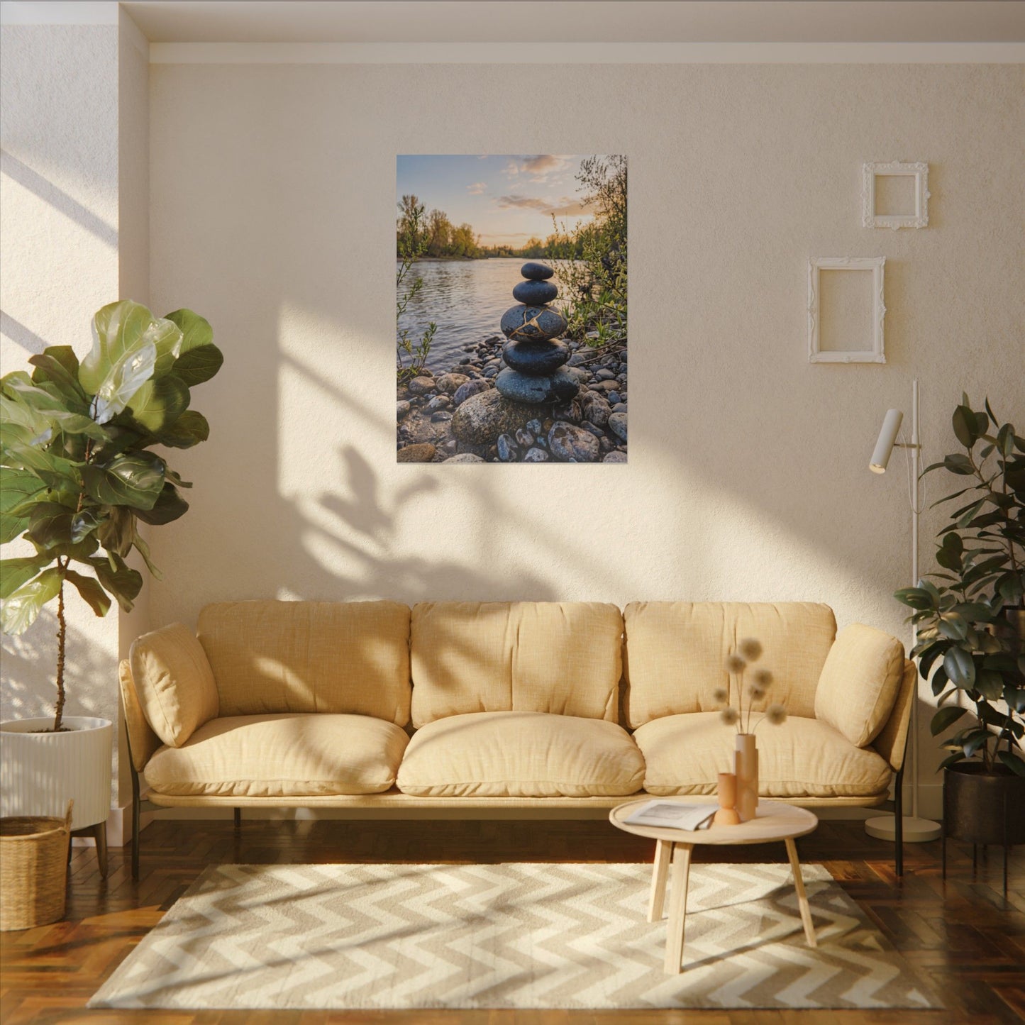 Kintsugi River Stones in Golden Hour | Gold Vein Canvas Art