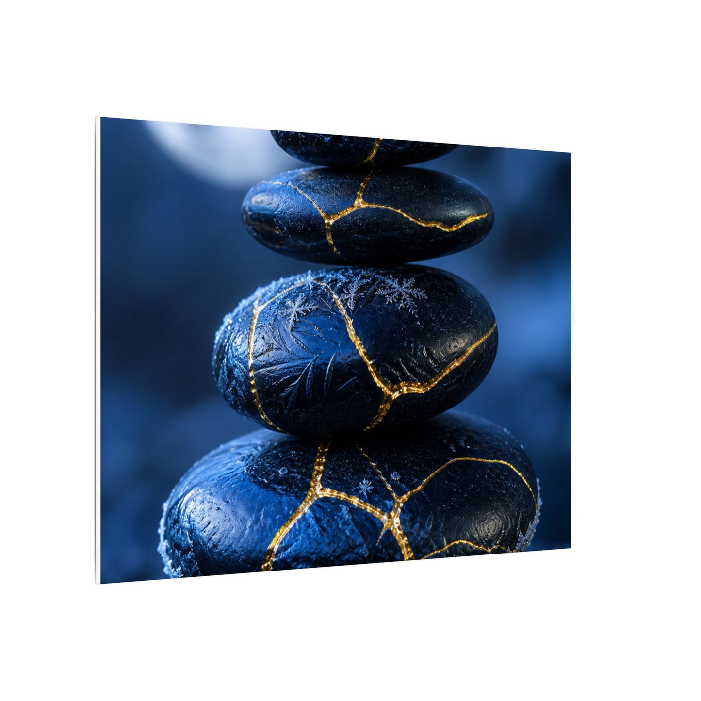 River Stones Canvas Art | Winter Kintsugi Gold Repair Art