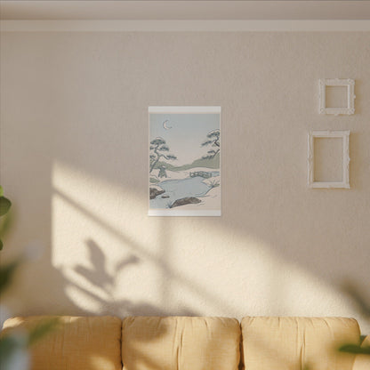 Japandi Moonlit Garden in Moonlight | Minimal Line Canvas Art