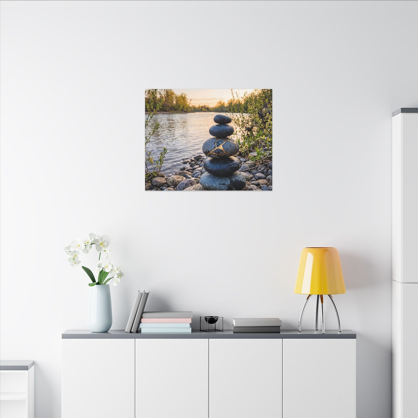 Kintsugi River Stones in Golden Hour | Gold Vein Canvas Art