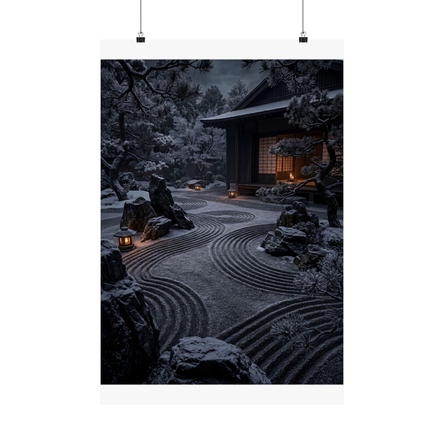 Dark Japandi Rock Garden in Candlelight | Shadow Zen Wall Art Print Art Print