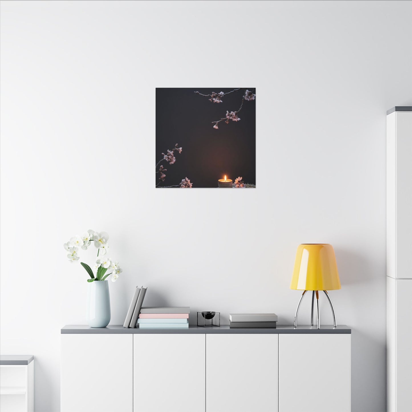Dark Japandi Cherry Blossom in Candlelight | Moody Minimal Canvas Art