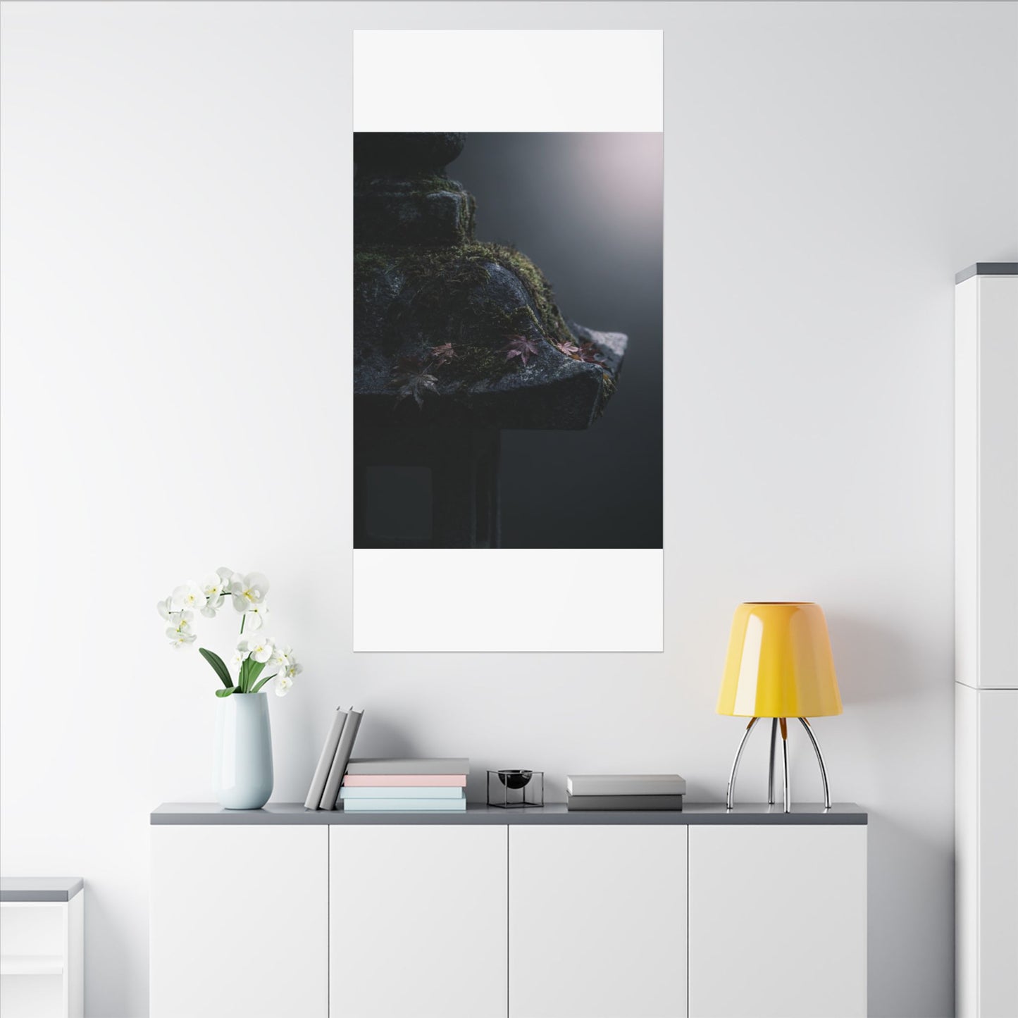 Stone Lantern Moody Minimal Canvas Art | Sophisticated Dark Japandi Art