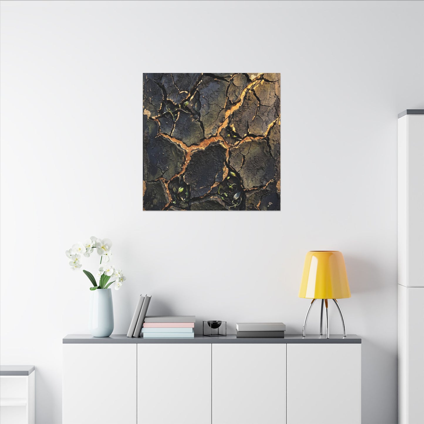 Cracked Earth Spring Canvas Art | Dark Japandi Atmospheric Design