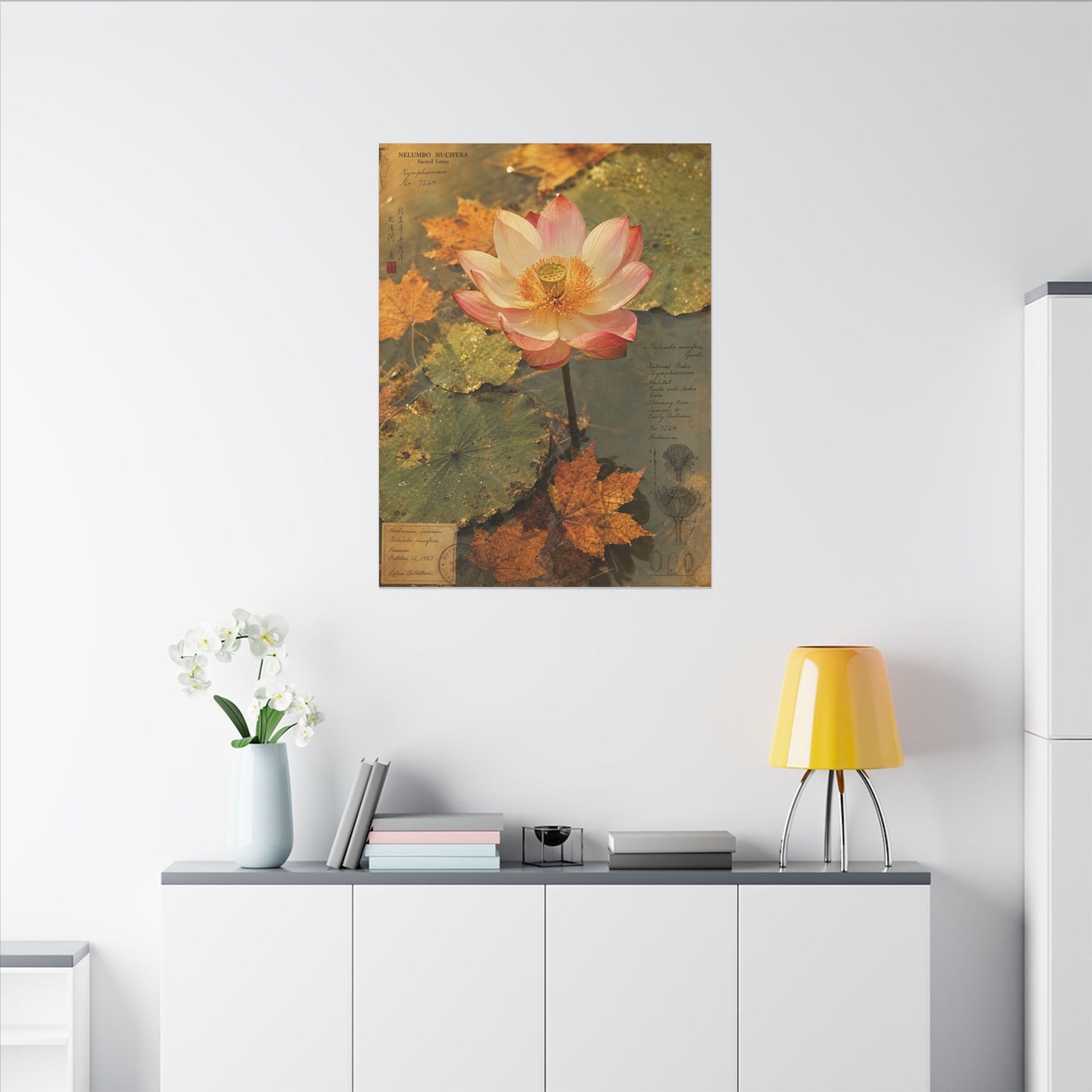 Autumn Lotus Flower Herbarium Canvas Art | Rustic Decor