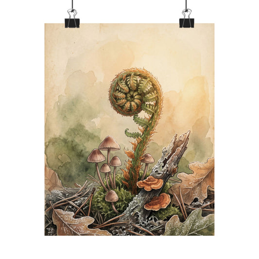 Earthy Fern Unfurling Wall Art Print - Mushroom Illustration Cottagecore