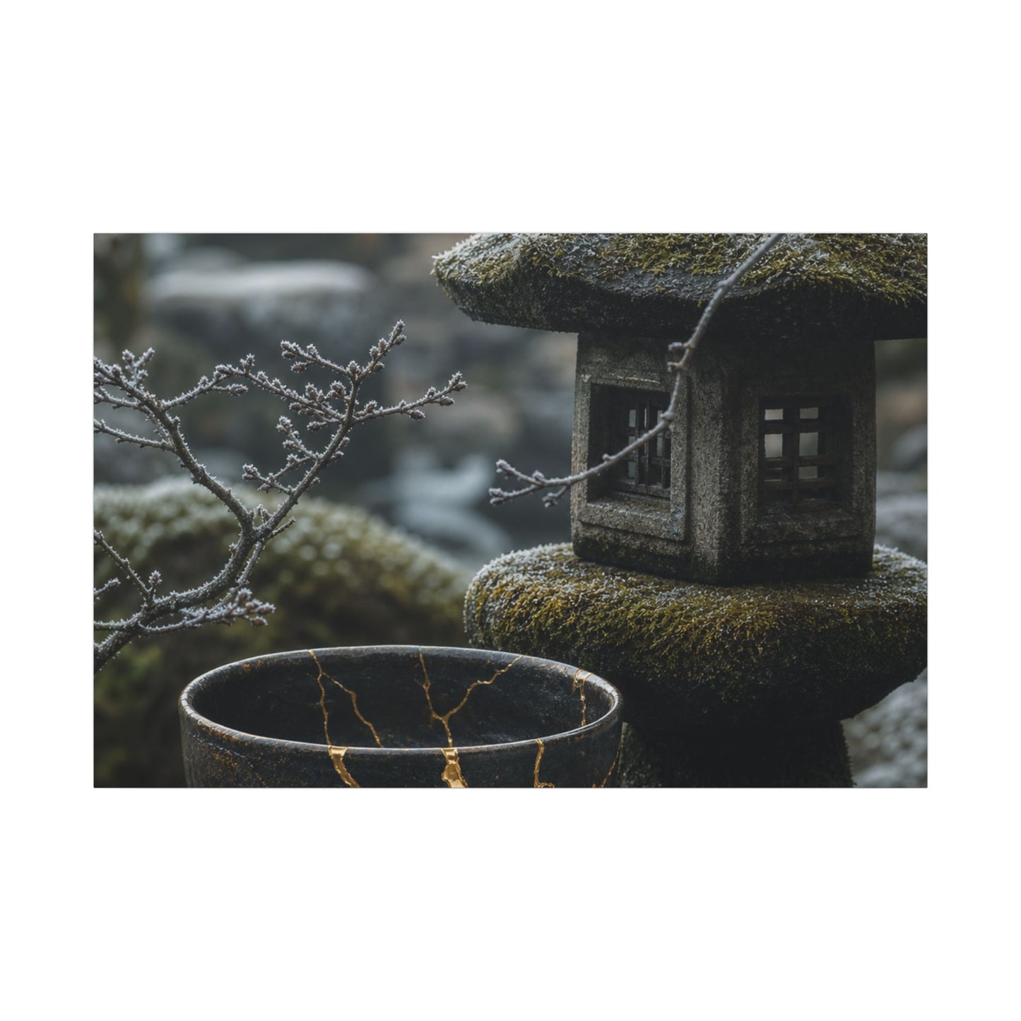 Stone Lantern Canvas Art | Winter Kintsugi Gold Repair Art