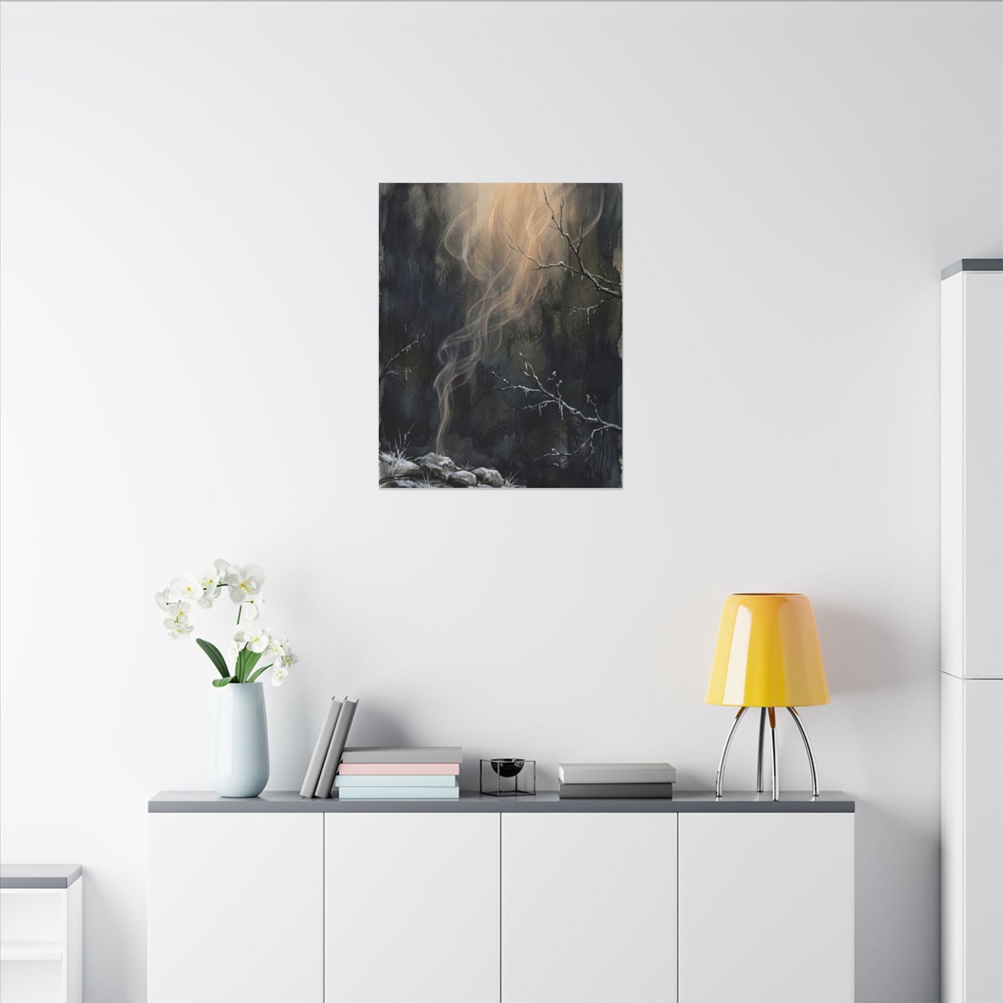 Incense Smoke Winter Canvas Art | Dark Japandi Moody Design