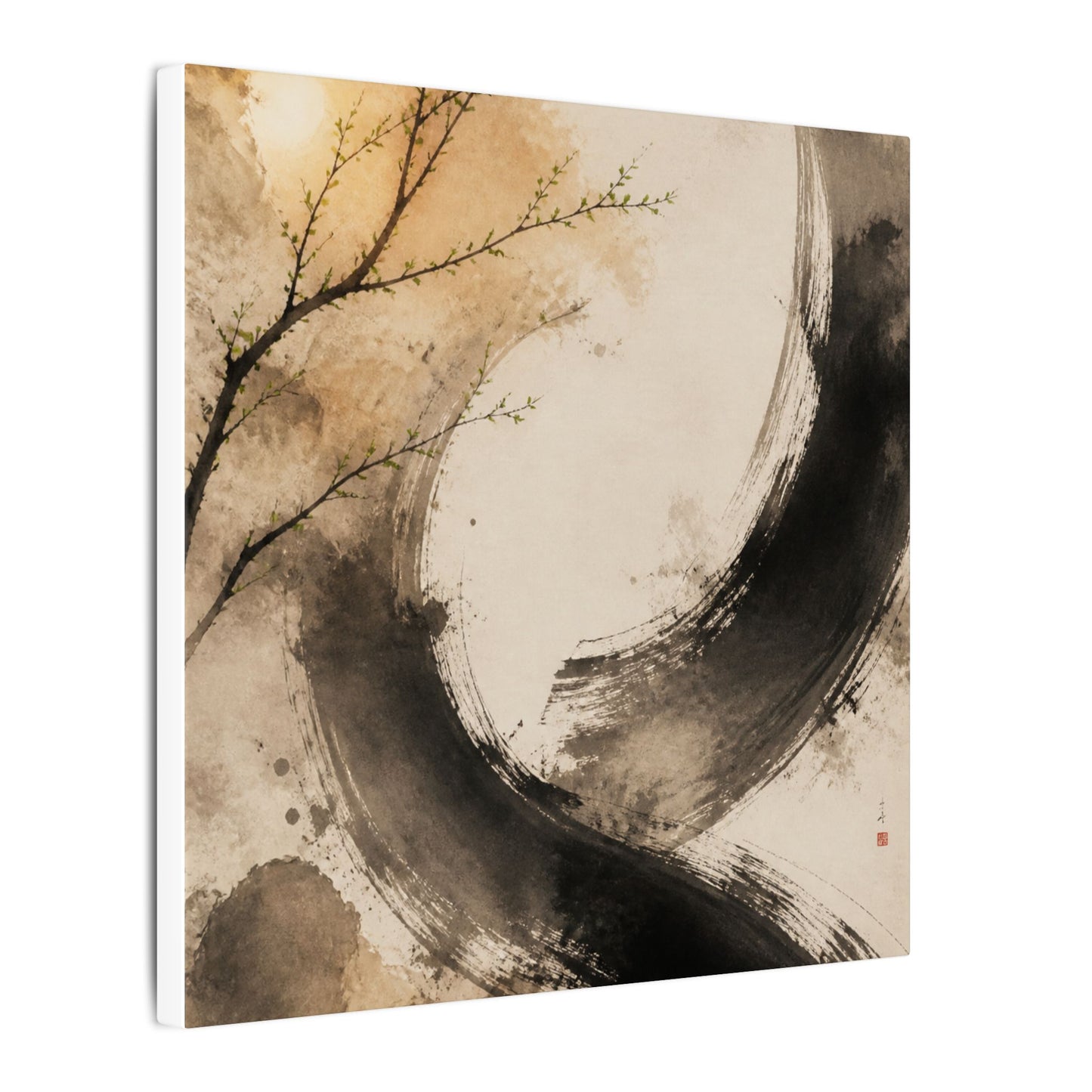 Japandi Ink Brushstroke in Golden Hour | Watercolor Canvas Art