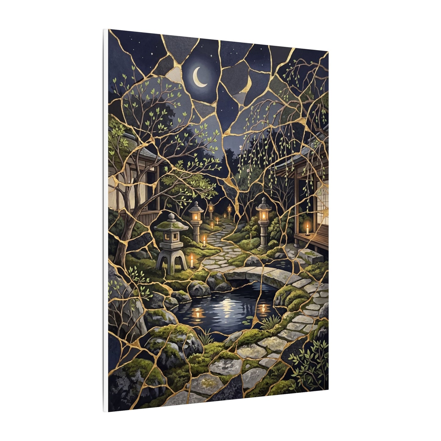 Kintsugi Moonlit Garden in Candlelight | Gold Vein Canvas Art