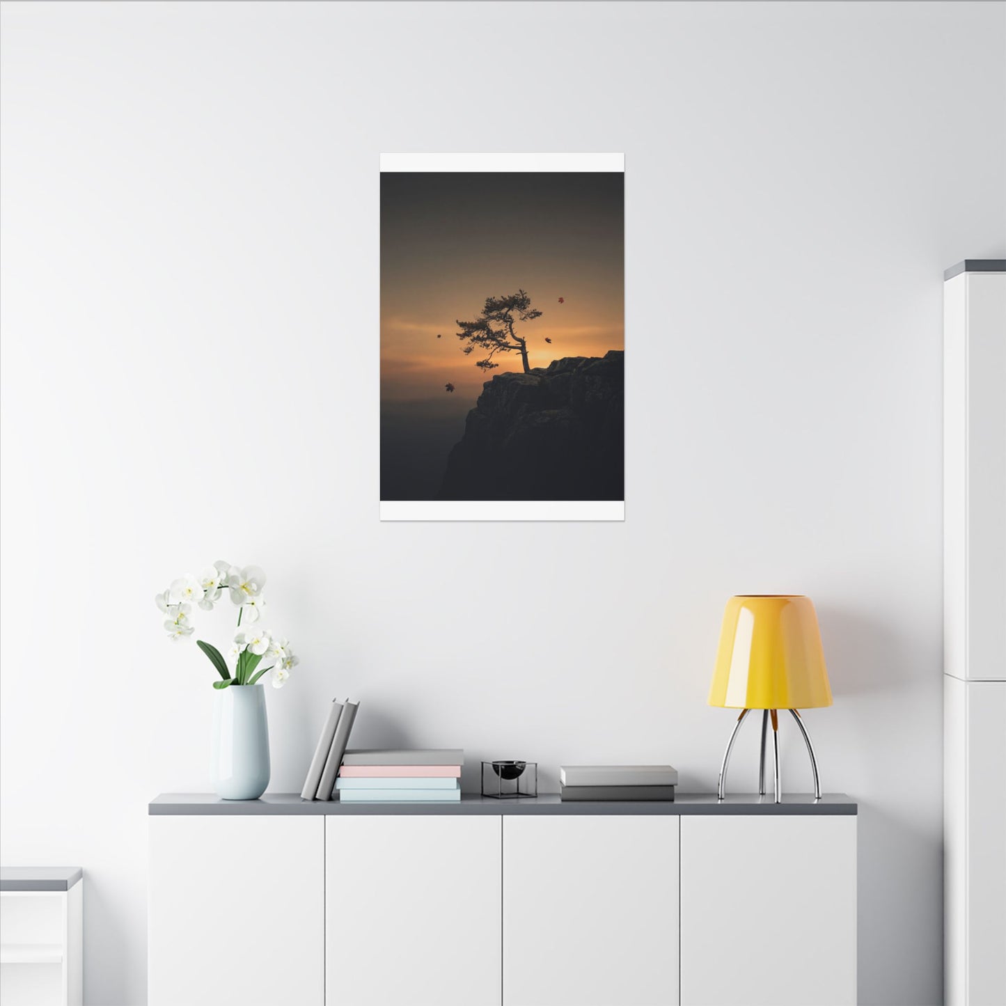 Dark Japandi Pine Tree in Golden Hour | Moody Minimal Canvas Art