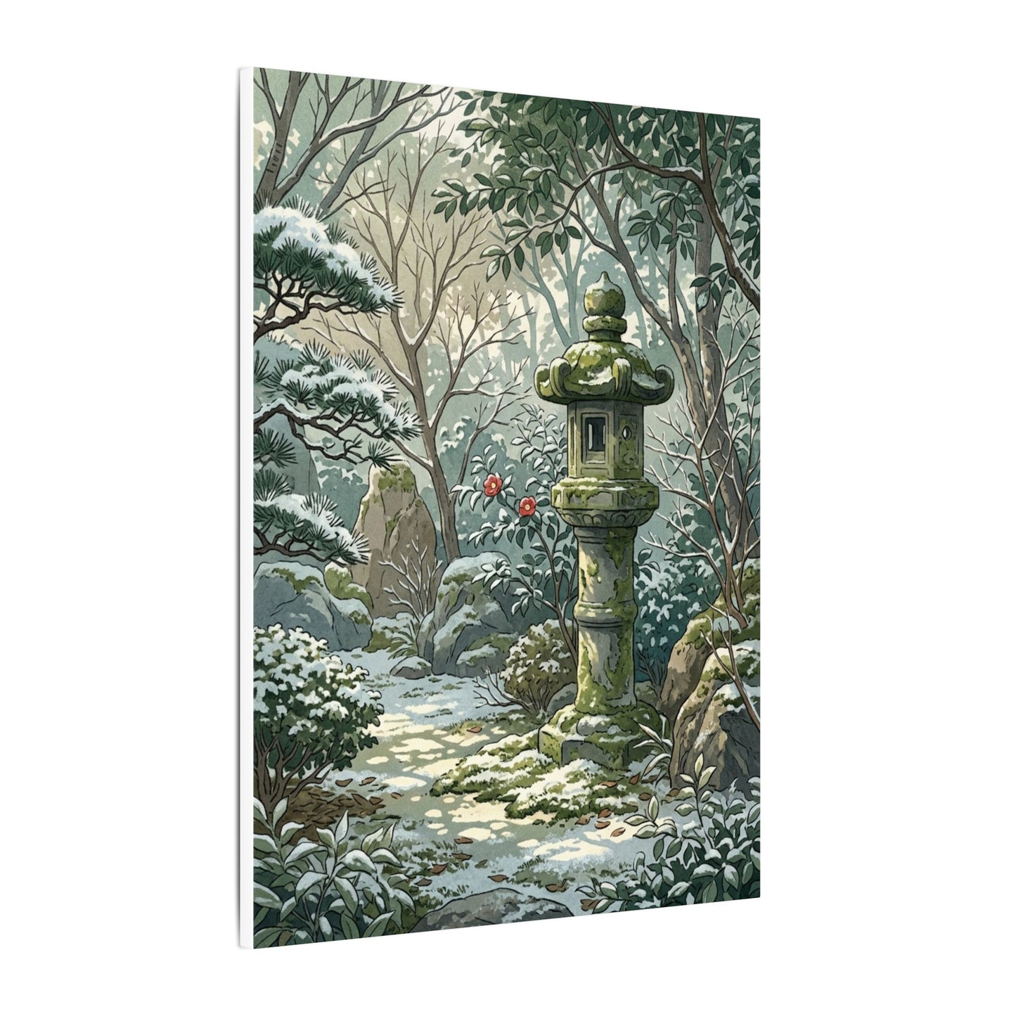 Stone Lantern Winter Canvas Art | Japandi Warm Design