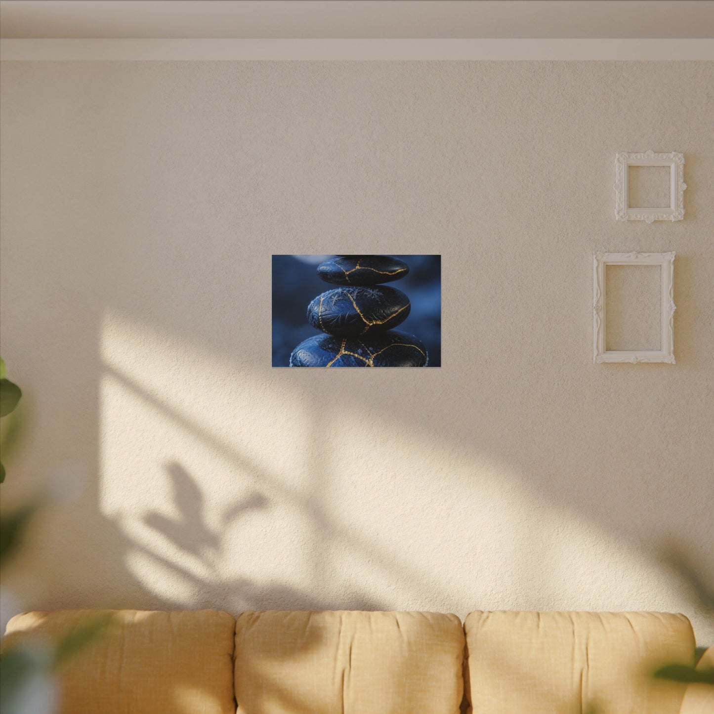 River Stones Canvas Art | Winter Kintsugi Gold Repair Art
