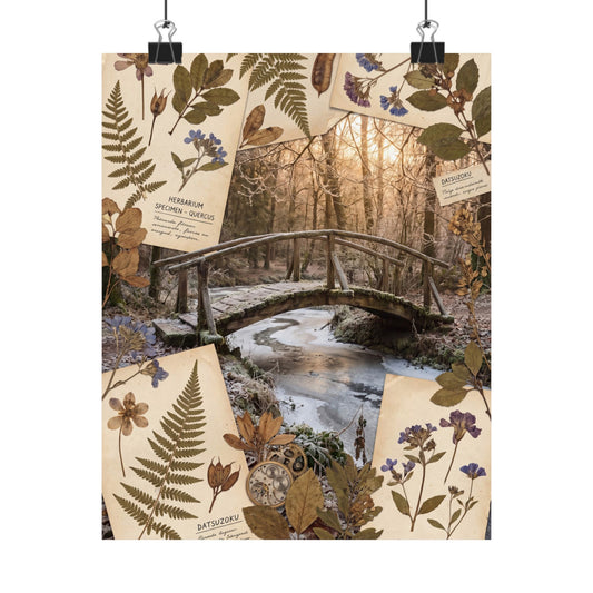 Wooden Bridge Wall Art Print | Winter Cottagecore Herbarium Art Art Print