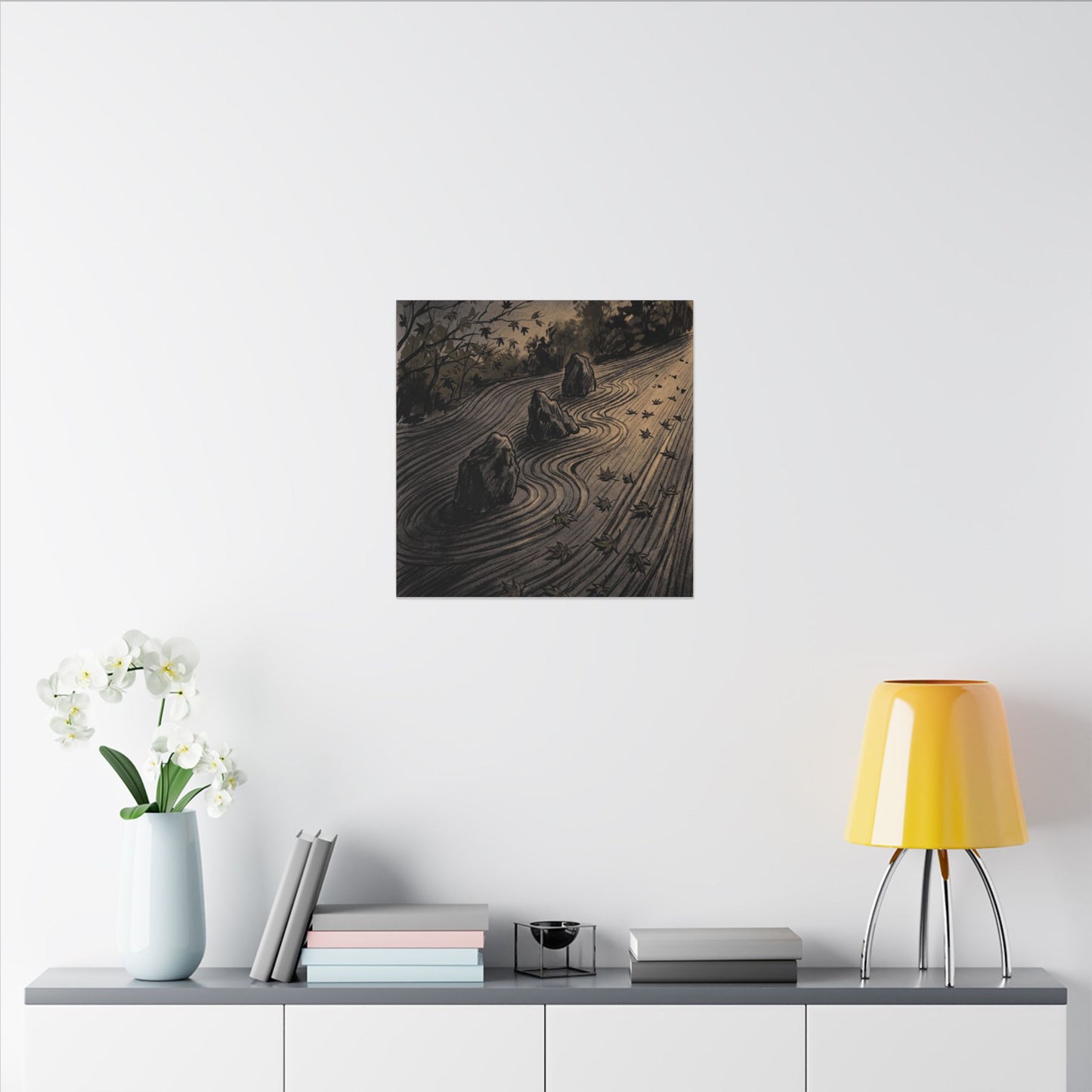 Rock Garden Canvas Art | Autumn Dark Japandi Charcoal Ink Art
