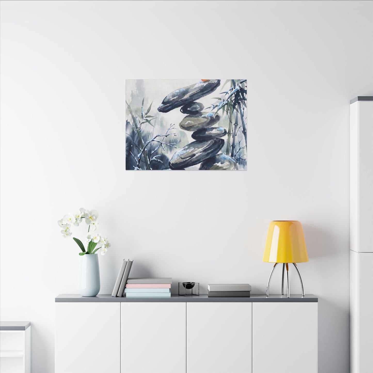 Zen River Stones in Moonlight | Sumi E Canvas Art