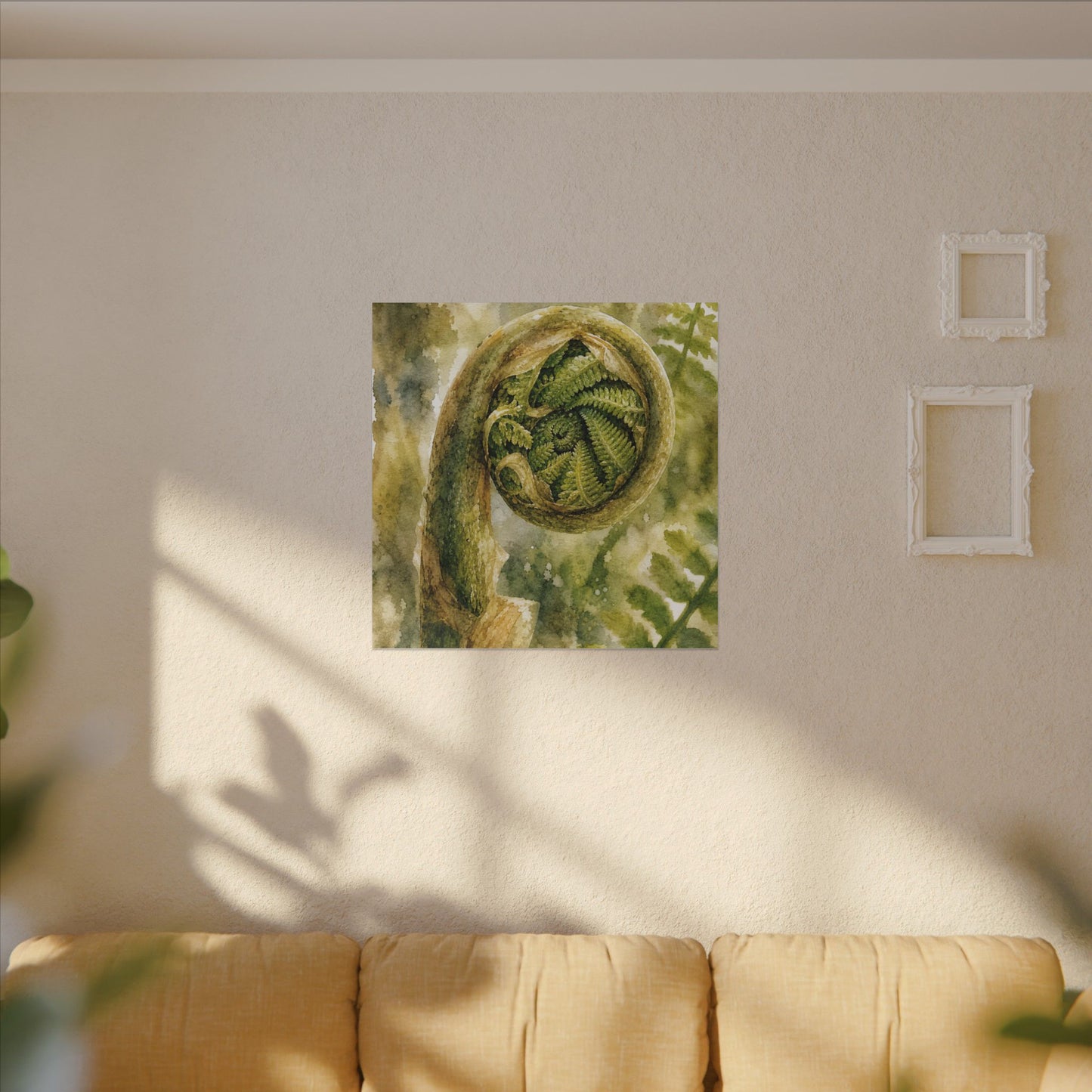 Japandi Fern Unfurling in Dappled | Watercolor Canvas Art