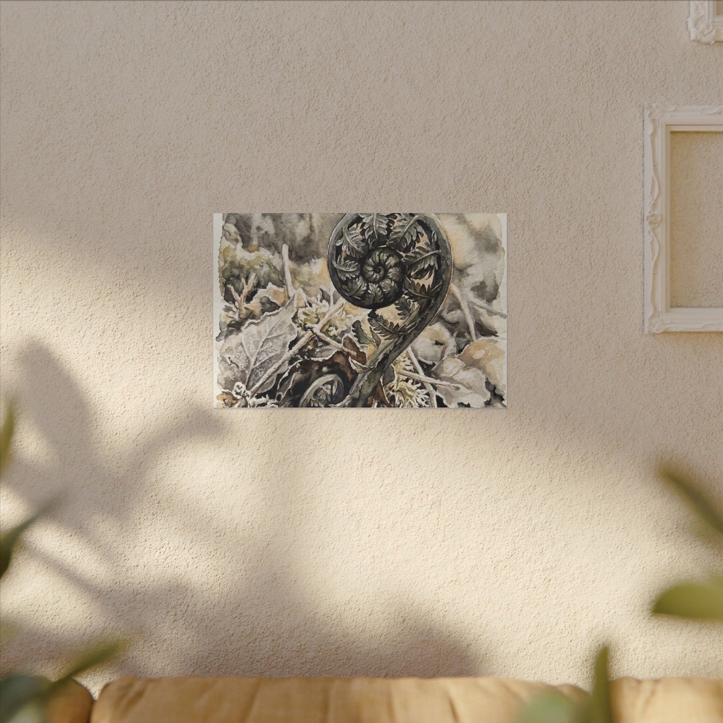 Japandi Fern Unfurling in Golden Hour | Watercolor Canvas Art