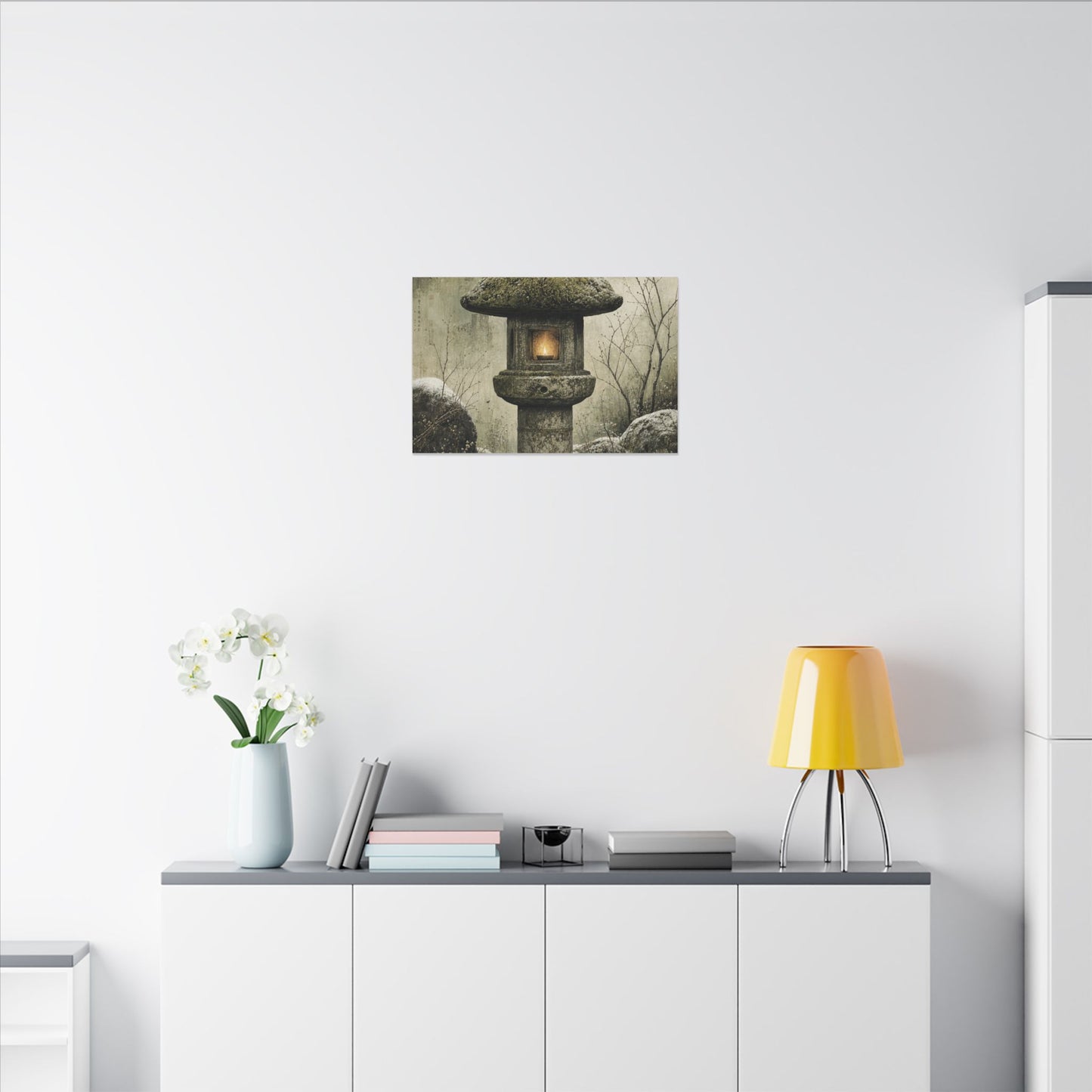 Stone Lantern Winter Canvas Art | Japandi Neutral Design