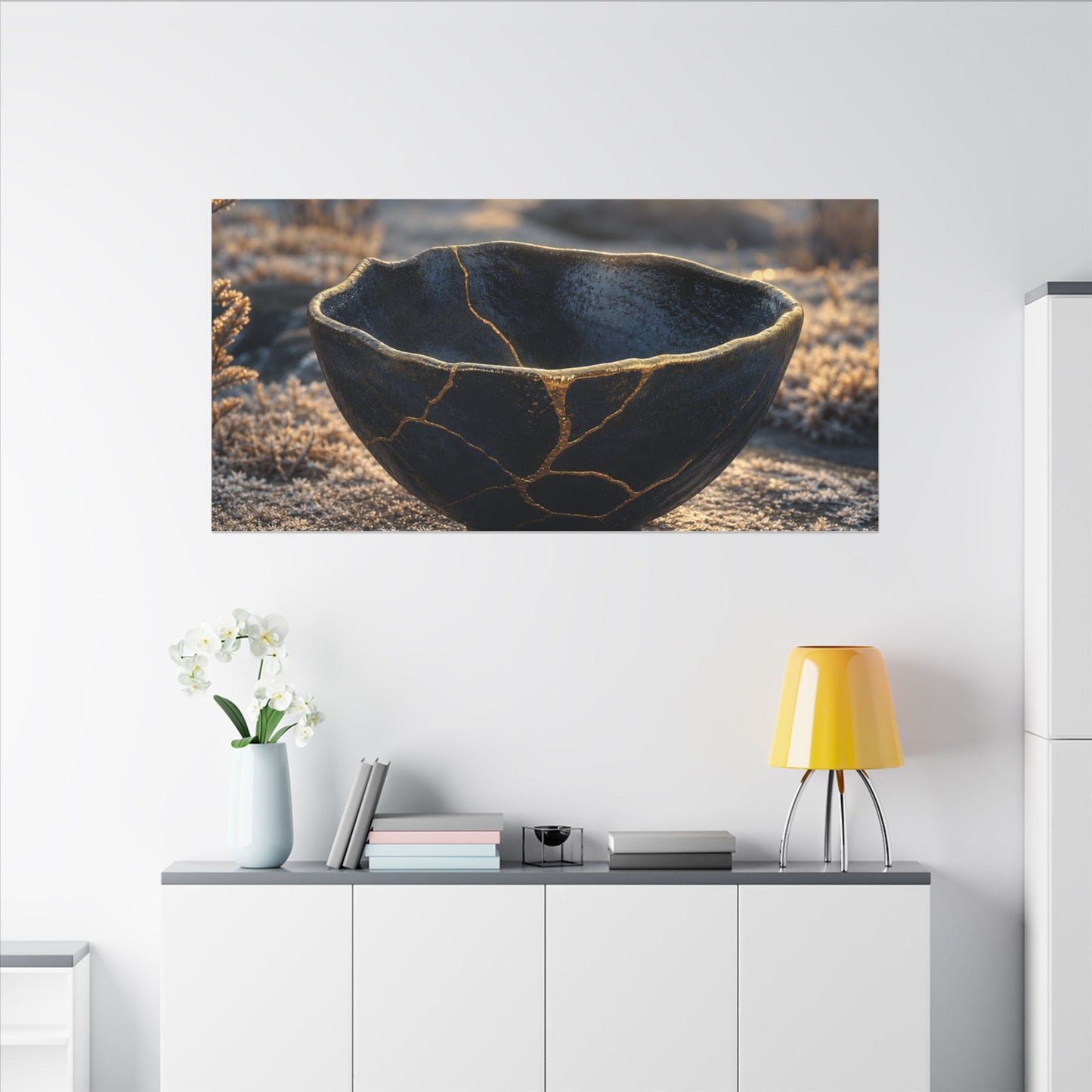 Ceramic Bowl Canvas Art | Winter Kintsugi Gold Repair Art