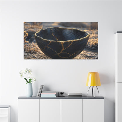 Ceramic Bowl Canvas Art | Winter Kintsugi Gold Repair Art