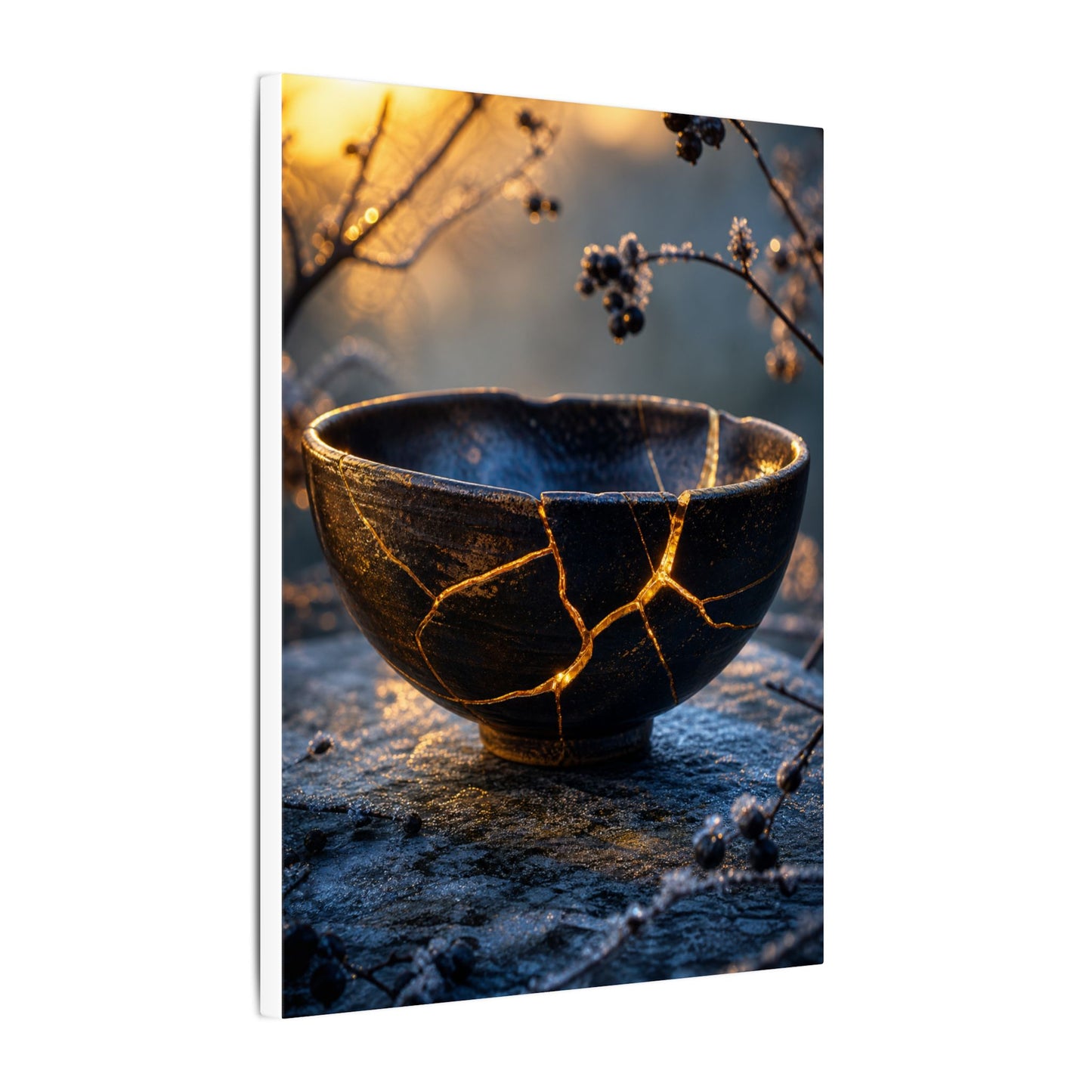 Ceramic Bowl Canvas Art | Winter Kintsugi Gold Repair Art