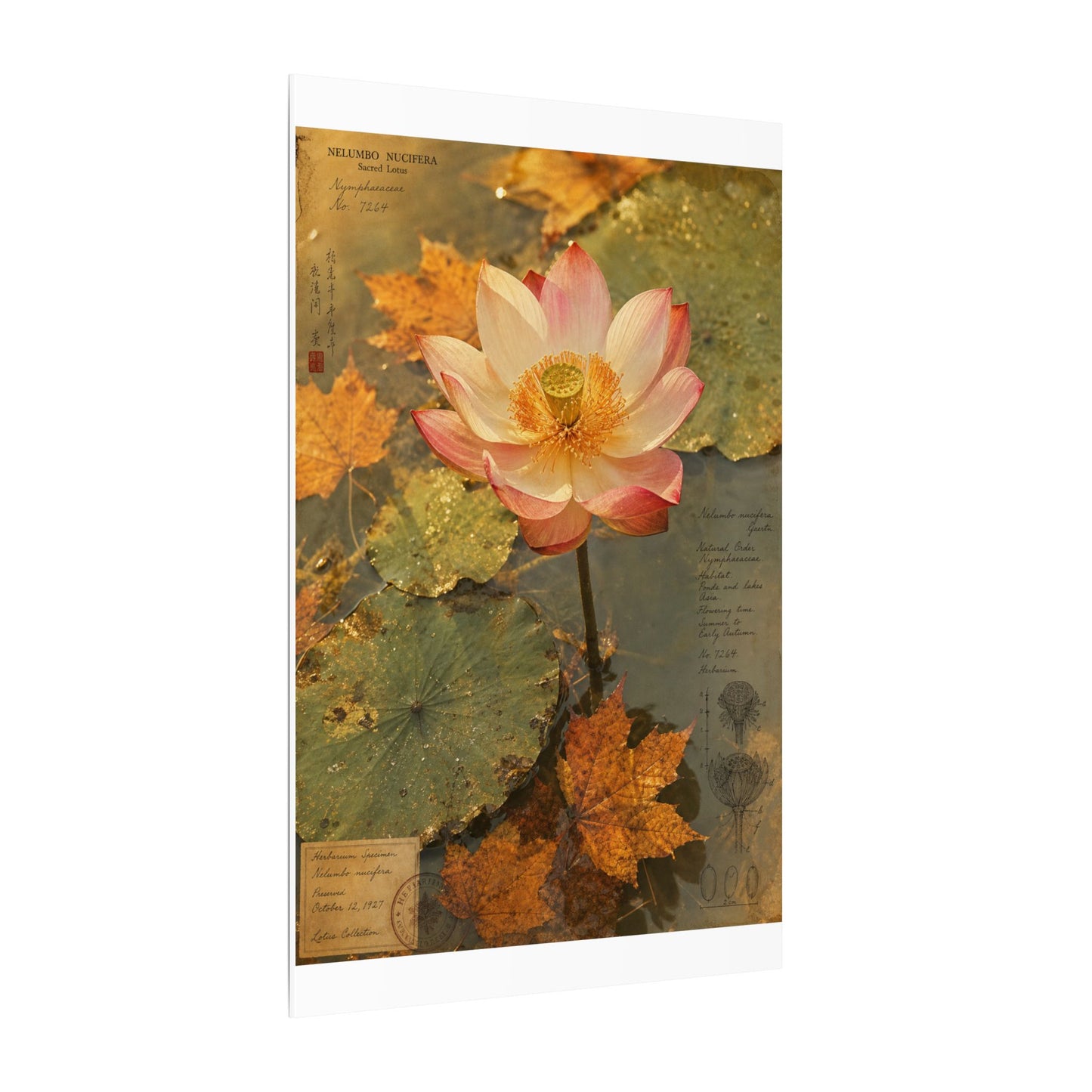 Autumn Lotus Flower Herbarium Canvas Art | Rustic Decor