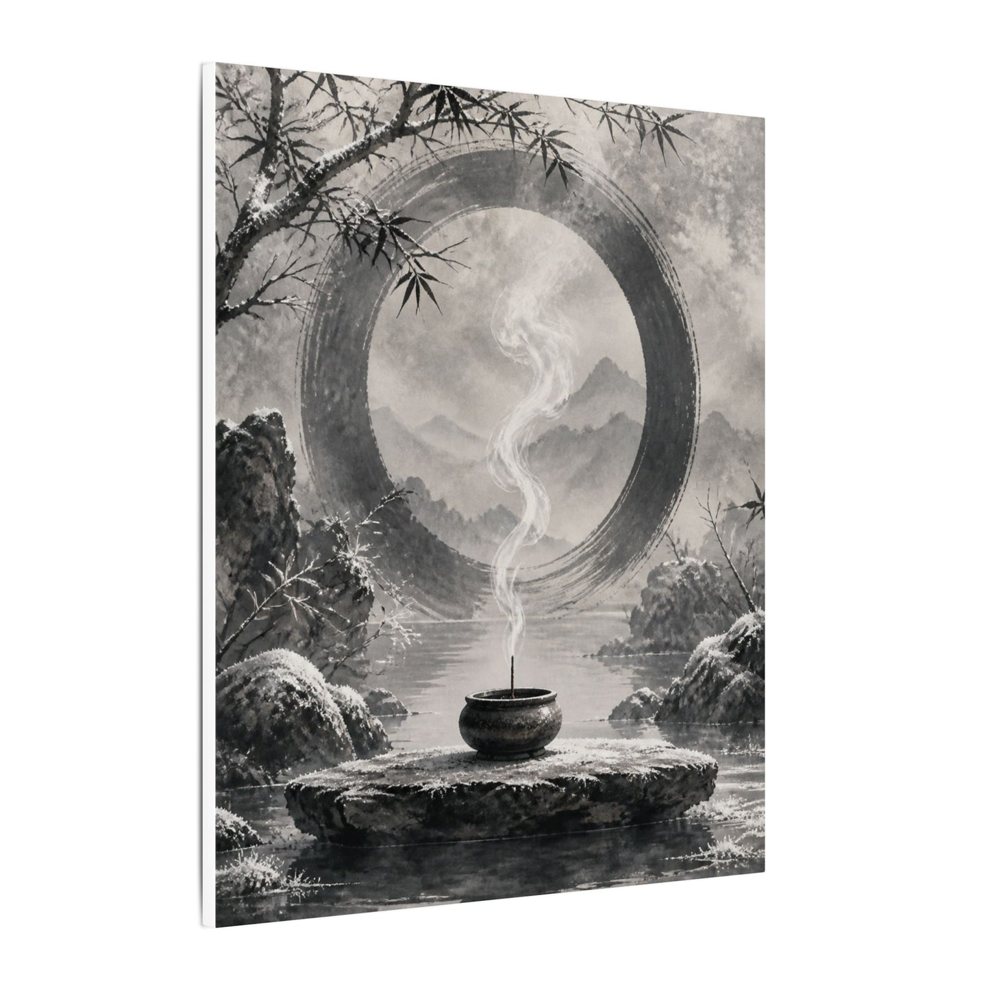 Incense Smoke Canvas Art | Winter Zen Sumi E Art