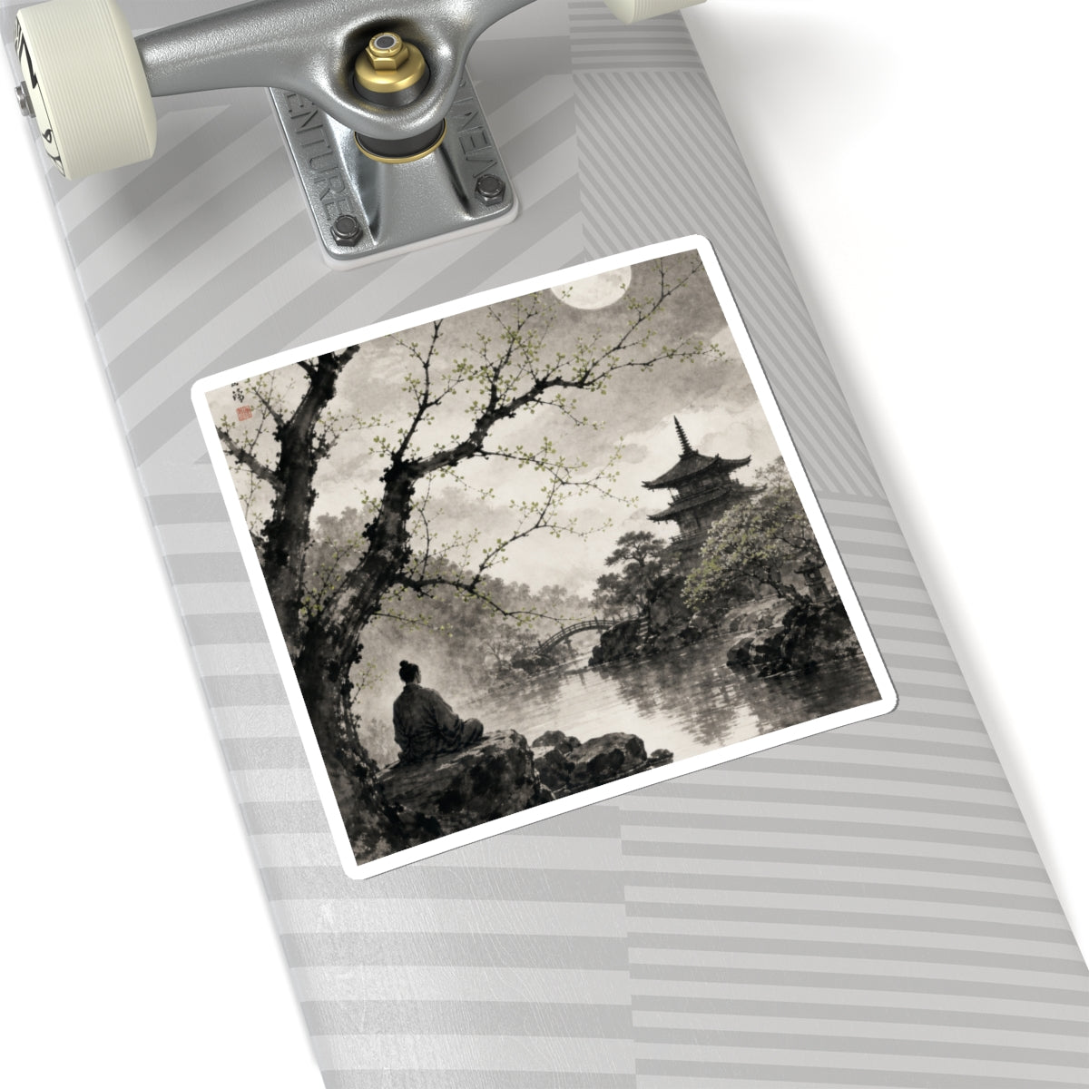 Zen Moonlit Garden in Dawn | Sumi E Sticker