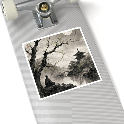 Zen Moonlit Garden in Dawn | Sumi E Sticker
