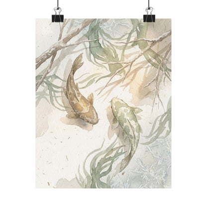 Koi Pond Wall Art Print | Winter Japandi Watercolor Art Art Print