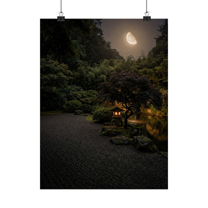 Dark Japandi Moonlit Garden in Golden Hour | Moody Minimal Wall Art Print Art Print