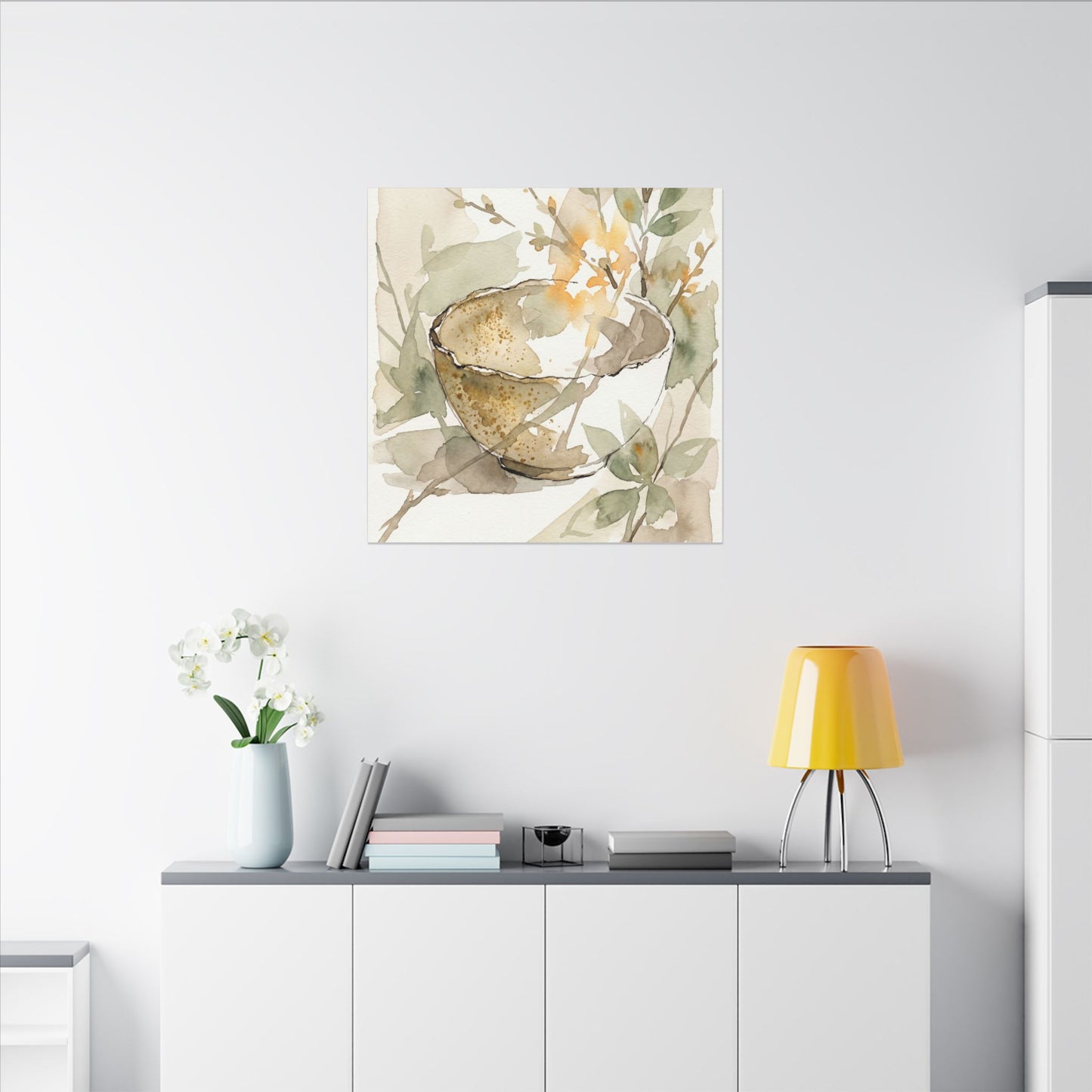 Spring Ceramic Bowl Watercolor Canvas Art | Neutral Decor