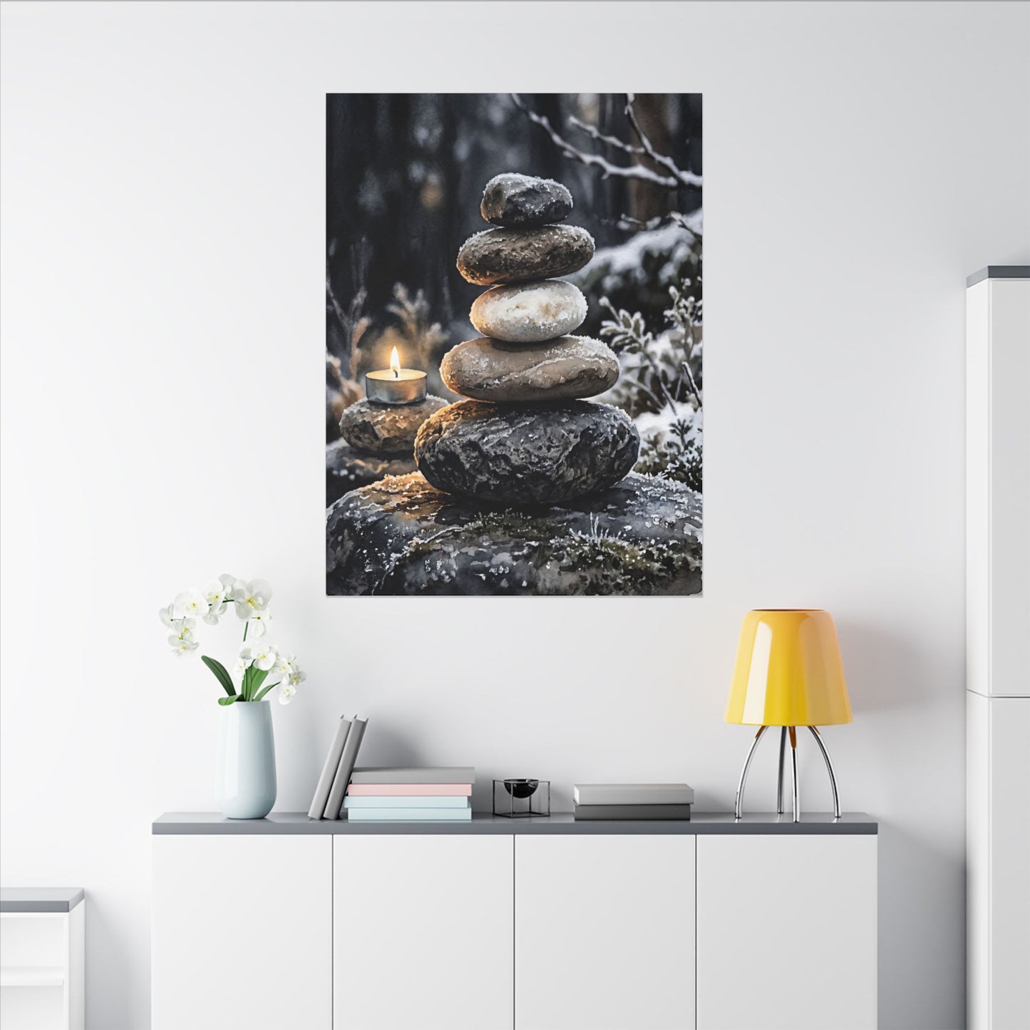 River Stones Canvas Art | Winter Japandi Watercolor Art