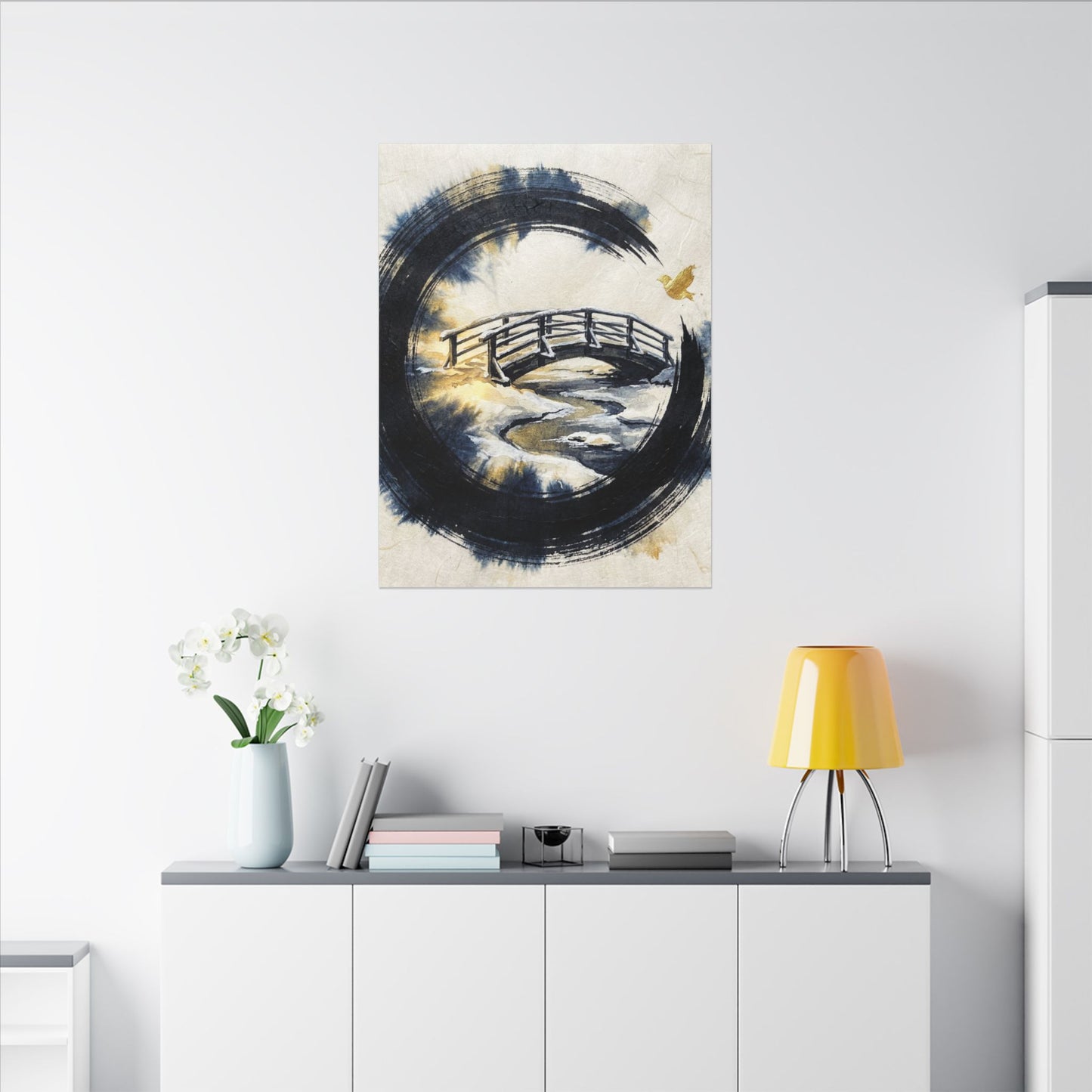 Winter Wooden Bridge Enso Canvas Art | Serene Decor