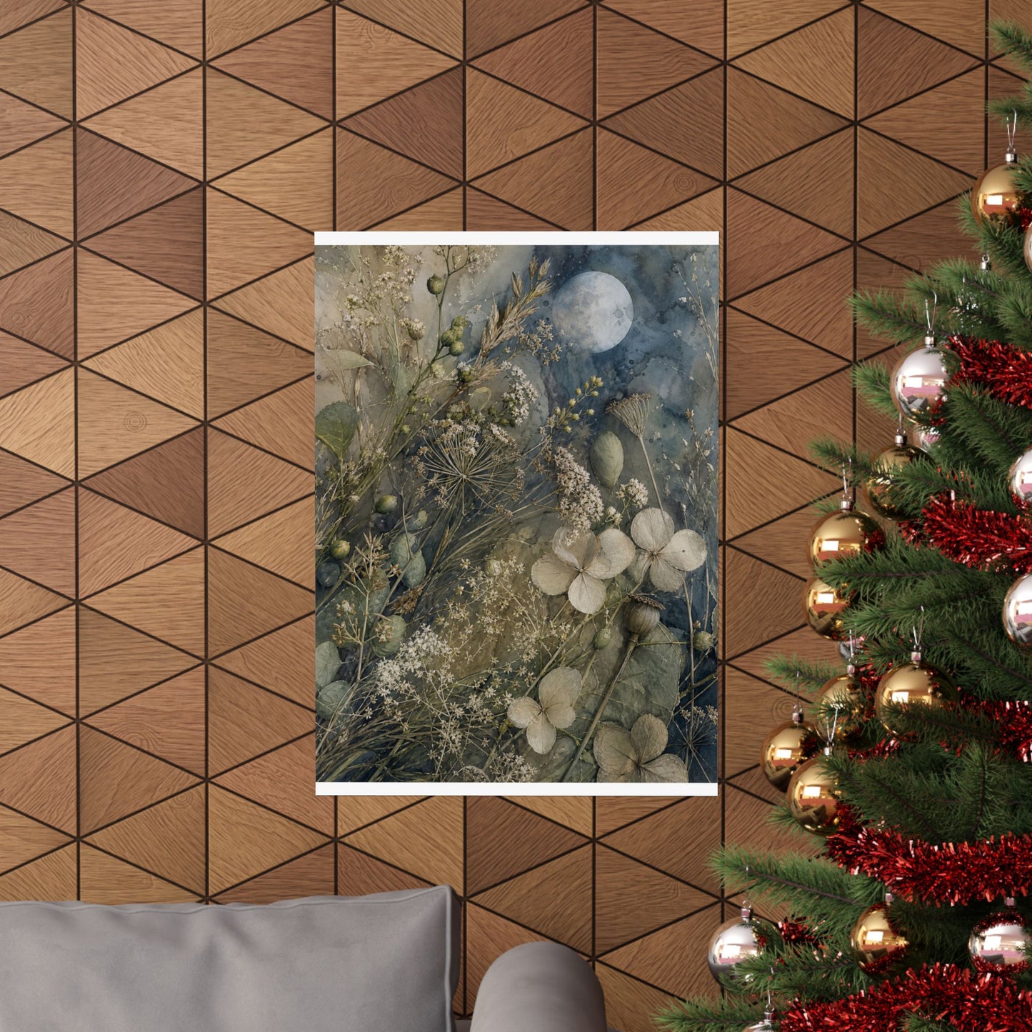 Japandi Dried Flowers in Moonlight | Watercolor Wall Art Print