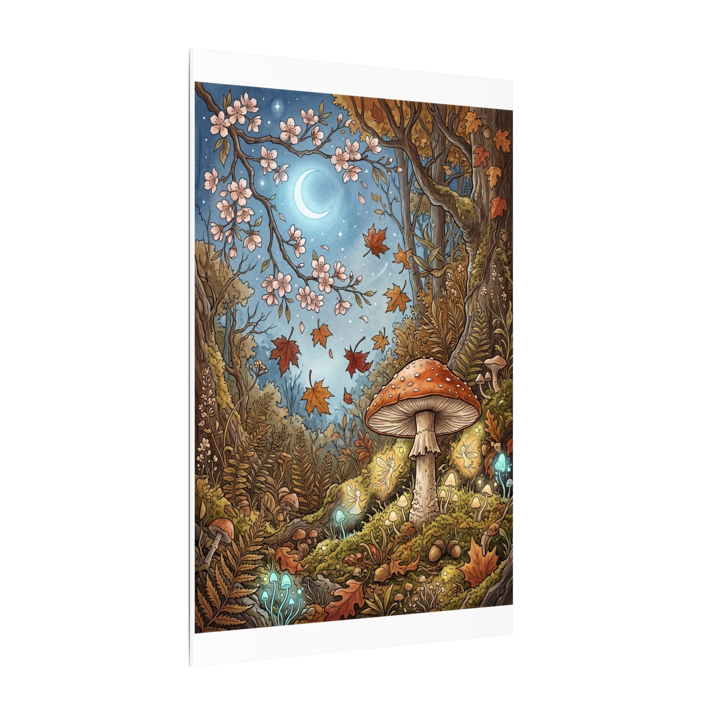 Autumn Cherry Blossom Mushroom Illustration Canvas Art | Enchanting Decor