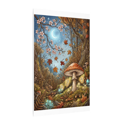 Autumn Cherry Blossom Mushroom Illustration Canvas Art | Enchanting Decor