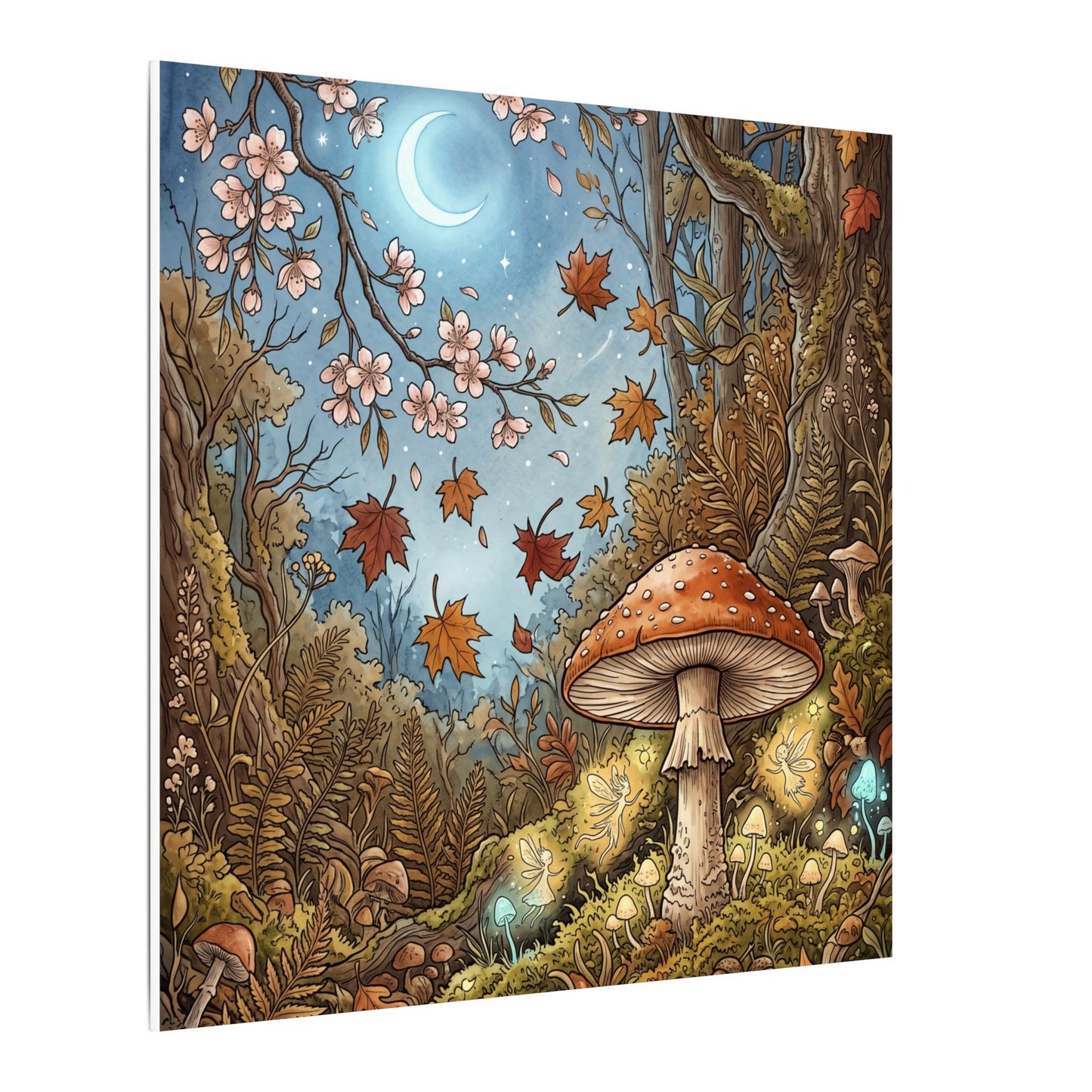 Autumn Cherry Blossom Mushroom Illustration Canvas Art | Enchanting Decor