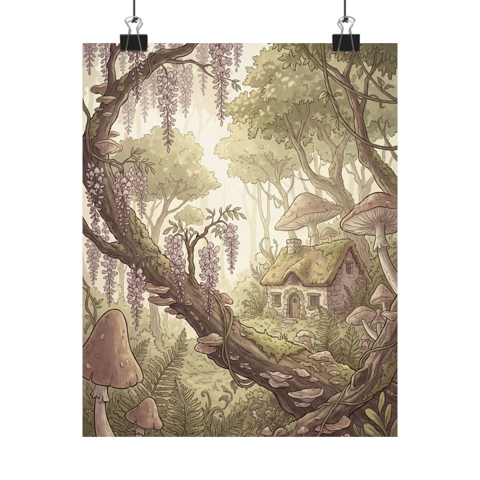Summer Wisteria Mushroom Illustration Wall Art Print | Rustic Decor Art Print