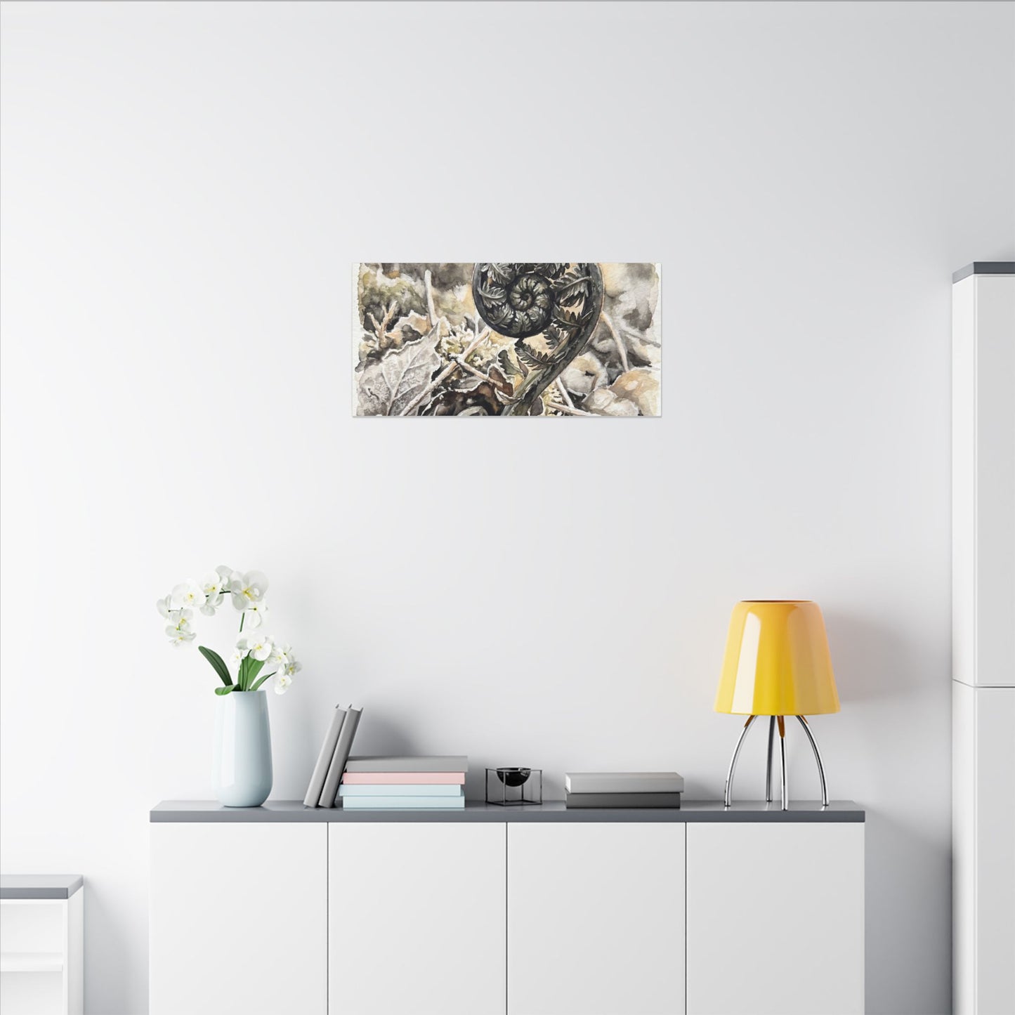 Japandi Fern Unfurling in Golden Hour | Watercolor Canvas Art