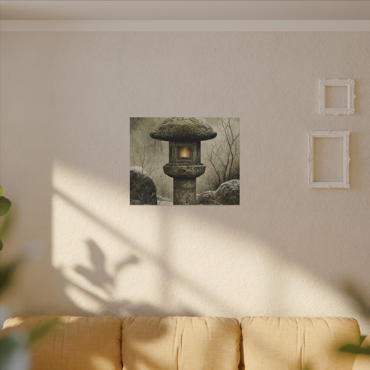Stone Lantern Winter Canvas Art | Japandi Neutral Design