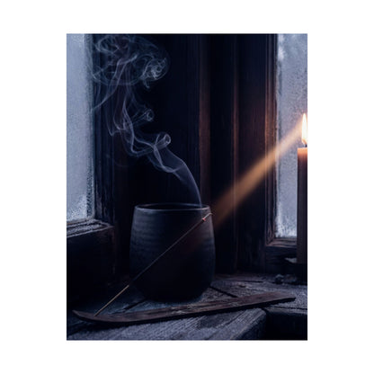 Dark Japandi Incense Smoke in Candlelight | Moody Minimal Wall Art Print